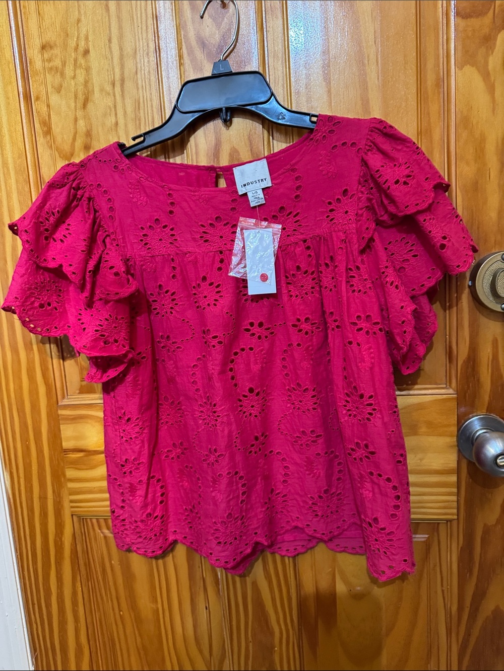 Impressions Hot Pink Eyelet Ruffle Sleeve Blouse
